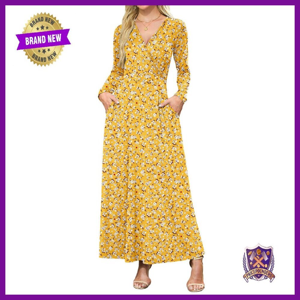 Long Sleeve Maxi Dress V Neck Wrap Waist Formal with Pockets